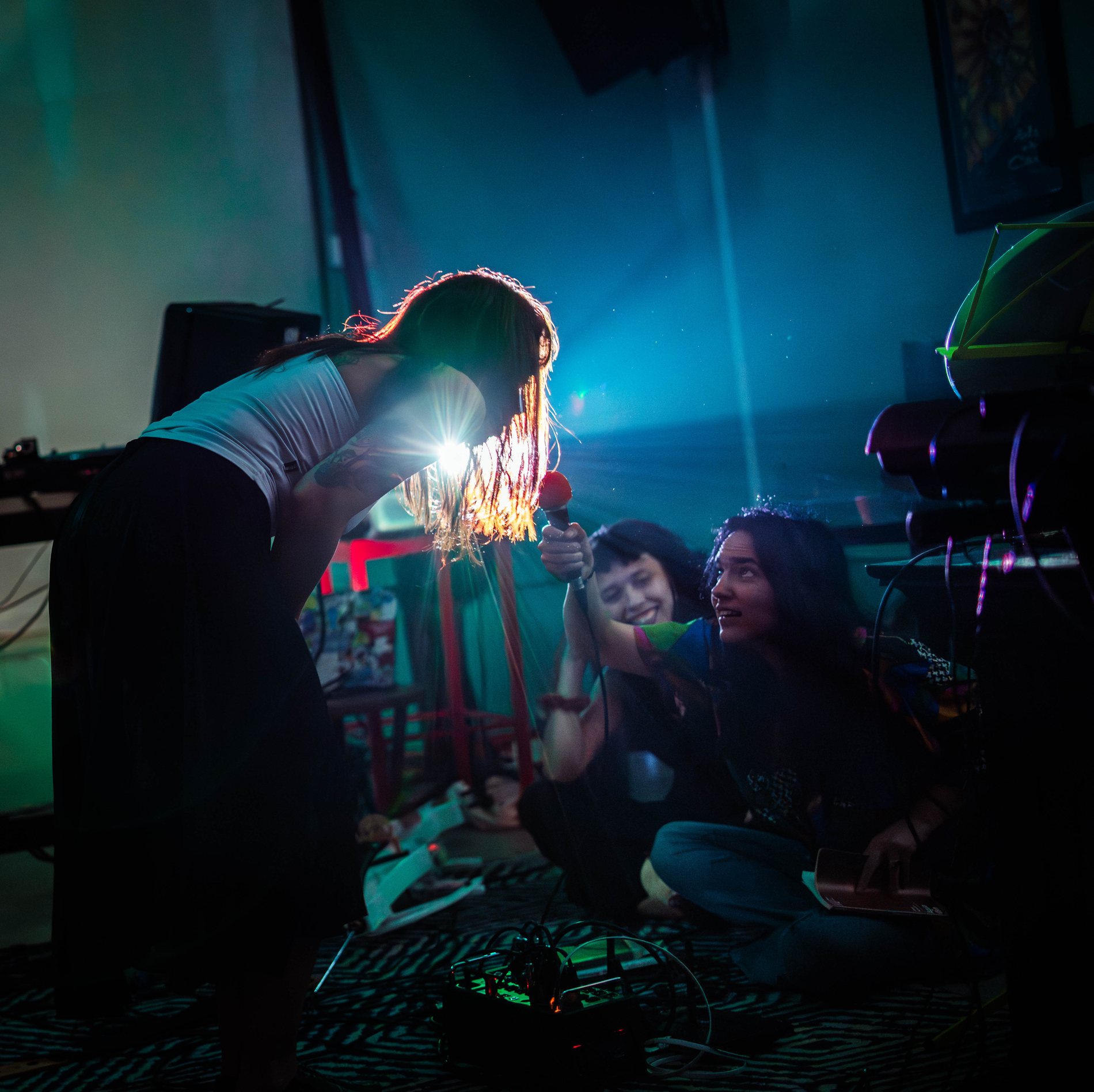 A musician sharing a microphone with the crowd inside Dear Eleanor